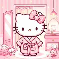 the hello kitty character is standing in her bedroom