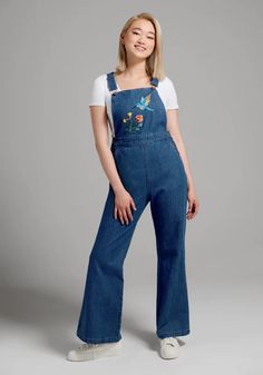 Humming Along Embroidered Overalls | ModCloth Fitted Overalls, Jean Upcycle, Embroidered Overalls, Plus Size Vintage Clothing, 60s Mod Fashion, Blue Hummingbird, Designer Plus Size Clothing, Outfits 70s, Princess Highway