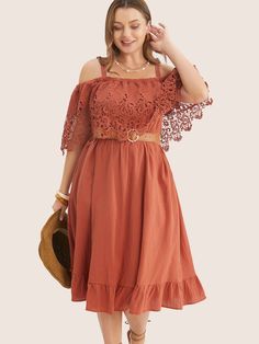 Solid Cold Shoulder Contrast Lace Pocket Ruffle Hem Dress Split Hem Dress, Lace Pocket, Cold Shoulder Lace, Flutter Dress, Ruffle Hem Dress, Midi Dress With Sleeves, Womens Clothing Sizes, Hem Dress, Sleeves Pattern