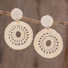 Sharing the delight of nature Honduran artisan Cristina Hernandez creates this pair of earrings. Two circular rings filled with intricate openwork patterns are hand-knotted from junco fiber in a natural alabaster hue. Each ring swings from a stud on a copper ring. These earrings adorn the wearer on posts of stainless steel. Fiber Earrings, Alabaster Color, Copper Ring, Copper Rings, Copper Plated, Natural Fibers, Post Earrings, Jewelry Earrings Dangle, Crochet Earrings