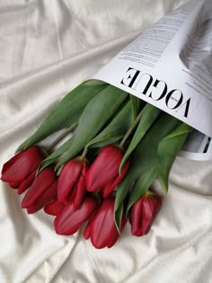 a bunch of red tulips sitting on top of a white sheet