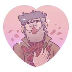 a man with glasses and a beard holding roses in front of a heart