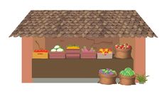 an illustration of a farmers market with fruits and vegetables on the shelves, including strawberries