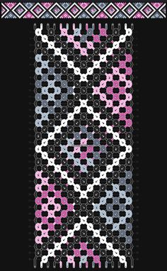 a cross stitch pattern in pink, blue and grey on a black background with white dots