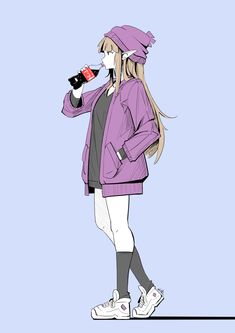 a drawing of a woman drinking from a cup while wearing a purple jacket and hat