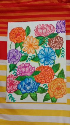 colorful flowers are painted on a striped paper