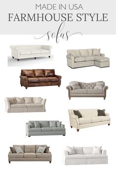 an image of couches and chairs with the words made in usa farmhouse style sofas