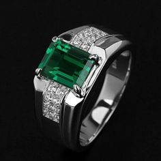 Mens Emerald Rings, Mens Gemstone Rings, Green Emerald Ring, Mens Rings Fashion, Mens Engagement, Men's Wedding Ring, Trendy Ring, Sterling Silver Engagement Rings, Silver Engagement Rings