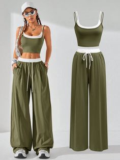 Women's  Summer Casual Sport Knit Two Fake Pieces  Tank Tops & Sweatpants  Going Out Sets,2pcs,Back To School Clothes Army Green Casual   Knitted Fabric Colorblock,Plain  Medium Stretch  Women Clothing, size features are:Bust: ,Length: ,Sleeve Length: Casual 2-piece Sleeveless Set, Casual Two-piece Sleeveless Set, Casual Green Matching Pant Set, Casual Green Two-piece Pant Set, Casual Cotton Two-piece Set, Casual Two-piece Stretch Pant Set, Casual Sleeveless Matching Pant Set, Casual Stretch Two-piece Pant Set, Casual Sleeveless Pant Set With Matching Top