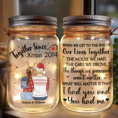 two mason jars with christmas sayings on them