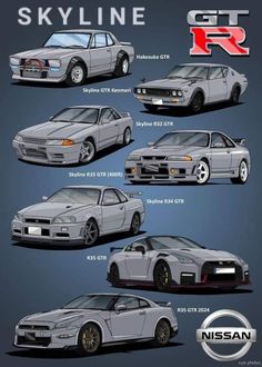 the evolution of nissan's skyline car is shown in this graphic art printable poster