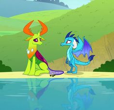 two cartoon characters are sitting on the edge of a lake and one is holding a skateboard