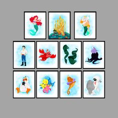 the little mermaid and other cartoon characters are depicted in this set of eight pictures, each with different colors