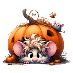 a mouse is hiding in a pumpkin with two mice on it's head and one rat