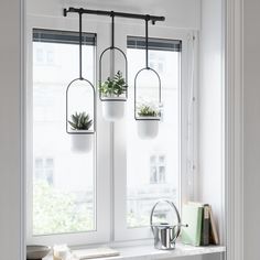 three hanging planters with plants in them on a window sill above a sink