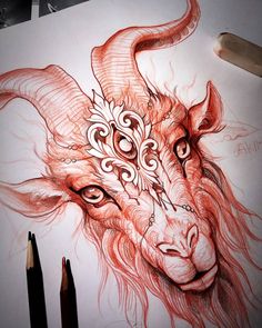 a drawing of a ram with intricate designs on it's face and horns is shown