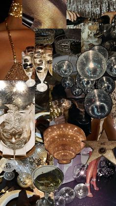 a collage of various items including glasses, plates and other decorative objects are shown