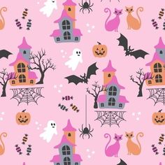 a pink background with halloween themed houses and cats