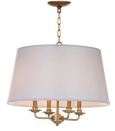 a chandelier with a white shade hanging from the ceiling