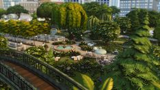 an artist's rendering of a city park with trees and buildings