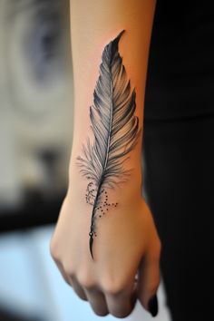 a woman's arm with a feather tattoo on it