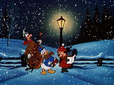 goofy and donald playing in the snow at night with a street light behind them,