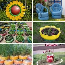 several pictures of different types of plants and flowers in the garden, including plastic chairs