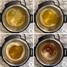 four pictures showing how to make an egg mixture in the instant pressure cooker, then boiling