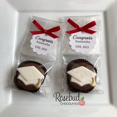 two chocolate covered cupcakes with white frosting and red ribbon tied around them