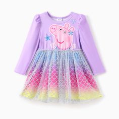 Toddler girls will love this officially licensed Peppa Pig merchandise featuring a set of four stunning dresses that includes pink and purple ombre dresses, blue dress with floral design, and a pink ombre dress. The unique digital print design of Peppa Pig and the ruffled ombre hemline with 3D flower decorations make this dress set a sweet and adorable addition to any occasion.
* Product features: Set of four dresses with Peppa Pig digital print
* Fabric characteristics: Nylon and spandex for stretch and comfort
* Piece of product: Dresses
* Neckline: Round
* Sleeves: Long sleeves
* Style: Ombre hemline with 3D flower decorations
* Fit: Regular
* Length: Knee-length Pink Ombre Dress, Ombre Dresses, Peppa Pig Outfit, Peppa Pig Dress, Floral Mesh Dress, Character Pattern, Ombre Dress, Sleeves Style, Dresses Blue