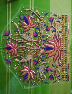 Lotus Design Aari Work, Lotus Maggam Work Designs, Maggam Work Blouse Designs Simple, Work Blouse Designs Simple, Blouse Designs Simple, Simple Maggam Work Blouse, Simple Maggam Work, Paithani Blouse, Lotus Designs