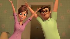 two animated people standing next to each other with their arms in the air and looking surprised