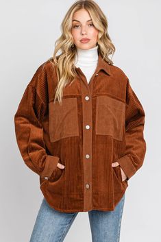 -Color: Chocolate/Rust -Relaxed fit -Side pockets -Content: Self 100% Cotton /Contrast 97% Polyester 3% Spandex -Hand wash cold/ Lay flat to dry -Imported -Runs true to size -Approx. Length: 28" -Model is 5'8"and wearing size Small Orange Corduroy Jacket Outfit, Corduroy Jacket Outfit, Versatile Outfits, Ralph Lauren Outfits, Corduroy Jacket, Long Sleeves Jacket, Floral Mini Dress, Modern Fashion, Outfits Casuales