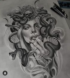 a drawing of a woman with snakes on her face and hands in front of her face