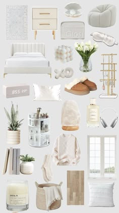 a collage of white furniture and accessories