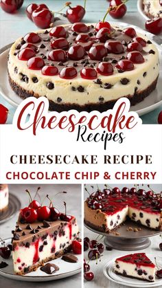 cheesecake recipe with cherries and chocolate chips in the middle, on a plate