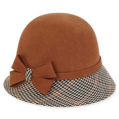 Adora® Wool Hat - Wool Felt Cloche with Houndstooth Brim Cloche Adora Hats AD1422A Brown OS Luxury Wool Elegant Cloche Hat, Chic Wool Cloche Hat For Winter, Fall Wool Cloche Hat, Chic Wool Cloche Hat, Elegant Brown Wool Cloche Hat, Adjustable Wool Brimmed Cloche Hat, Adjustable Brimmed Wool Cloche Hat, Adjustable Wool Cloche Felt Hat, Retro Cloche Felt Hat For Winter