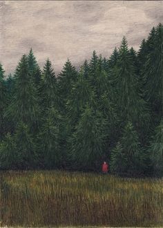 a painting of a person standing in the middle of a field surrounded by tall trees