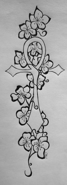 a drawing of a cross with flowers on it