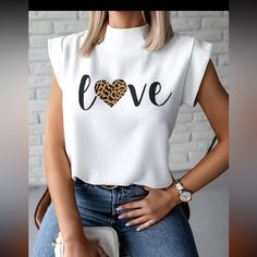 Styling For The Summer With This Love Shirt!! New!! Chic Graphic Print Tops, Chic White Fitted T-shirt, Chic White Crew Neck Top, Chic Fitted White T-shirt, Trendy White Shirt For Day Out, Trendy White Blouse With Graphic Print, Chic White Short Sleeve Tops, Chic White Shirt For Day Out, Chic White Blouse With Graphic Print