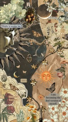 an altered collage with flowers, butterflies and other things in the middle of it