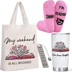 a tote bag, coffee cup, book and pink slippers are on display