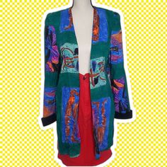 "Vintage 90s Abstract Fine Art Open Blouse Casual Jacket Sz 12 / M This is a vintage framed abstract fine art all-over pattern opened rayon jacket. Fun colors and cool abstract design. No Closure to be worn open. It also has shoulder pads and black fold-over cuffed sleeves. Great for 90's Aesthetic. Colors: Green with Multicolored Pattern Material : 100% Rayon Quality Rating:   Tag Size: Ladies Large / 12 - Made in: USA - Designer / Brand: Periwinkle ✂---- M E A S U R E M E N T S ----- Measurements shown in pictures are taken while the garment is laid flat: 19.5\" Pit to Pit 22.75\" long from the top collar to the bottom hem. 15.25\" from pit to edge of the sleeve. No Holes, Stains or Bad Odors. See Pictures for details." Multicolor Abstract Print Outerwear For Fall, Multicolor Outerwear With Abstract Print For Fall, Artistic Multicolor Long Sleeve Outerwear, Artsy Multicolor Long Sleeve Outerwear, Artsy Long Sleeve Outerwear With Graphic Print, Artistic Blue Long Sleeve Outerwear, Artistic Fitted Long Sleeve Outerwear, 90's Aesthetic, Open Blouse