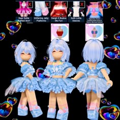 some very cute little dolls with blue hair and dress up clothes in front of bubbles