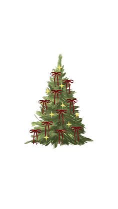 a green christmas tree with red bows and gold stars on it's top, in front of a white background