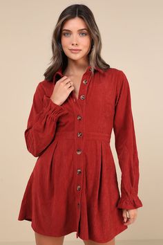 You'll definitely be in the spirit to sip a PSL when you slip into the Lulus Autumn Mood Rust Red Corduroy Mini Dress With Pockets! Soft corduroy shapes this must-have fall dress that features a collared neckline, a fitted bodice, and long sleeves with elasticized flared cuffs. A functional button placket that starts at the bodice continues through the banded waist (with elastic at back for fit) and down the skater-style skirt that boasts pleated detailing, side seam pockets, and a cute mini hem Corduroy Long Sleeve Dresses For Fall, Long Sleeve Corduroy Dress For Fall, Chic Fitted Corduroy Dress, Chic Corduroy Fall Dresses, Fall Dress, Button Front Dress, Skater Style, Style Skirt, Button Dress