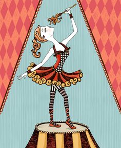 a drawing of a woman in a dress on top of a circus tent with an umbrella