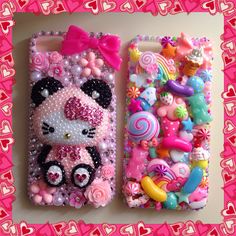 two cell phones are decorated with different types of buttons and beads, one has a hello kitty design on it