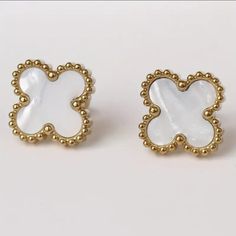 Four-Leaf Clover Design Stud Earrings Elegant Minimalist Style Stainless Steel 14k Gold Plated Jewelry Female Gift. White Metal Earrings, Tarnish Resistant, White Metal Earrings Tarnish Resistant, White Hypoallergenic Stainless Steel Earrings, Hypoallergenic White Stainless Steel Earrings, White Stainless Steel Earrings For Gift, 14k Gold Plated Jewelry, Clover Design, Earrings Elegant, Four Leaves