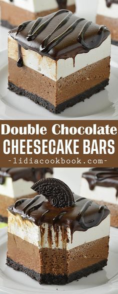 <strong>Double Chocolate Cheesecake Bars </strongPerfect no bake decadent dessert for chocolate loversEasydeliciouscreamy bittersweet chocolate and white chocolate cheesecake and crunchy Oreo crust Double Chocolate Cheesecake, Chocolate Cheesecake Bars, Recipe Cheesecake, Homemade Snickers, Heath Bars, White Chocolate Cheesecake, Cheesecake Dessert, Cheesecake Bar Recipes, Cookies Bars